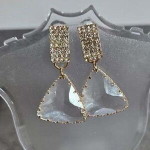 Gold Tone Rhinestone Clear Geometric Triangle Drop Dangle Statement Earrings